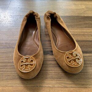 Tory Burch Suede Reva Flat in Luggage Brown